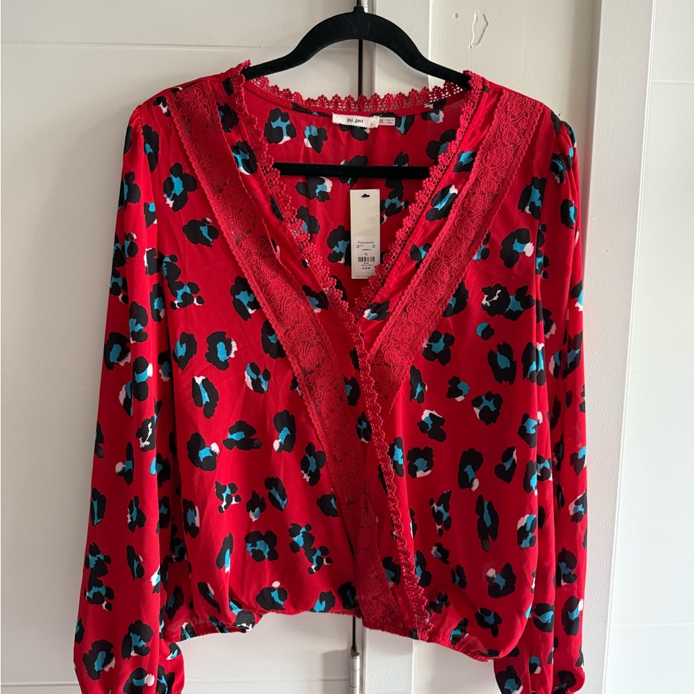Mi Ami Red Leopard Print Lace Trim Blouse